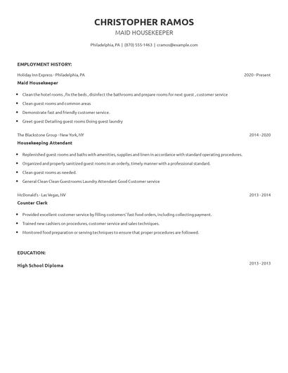 Maid Housekeeper Resume