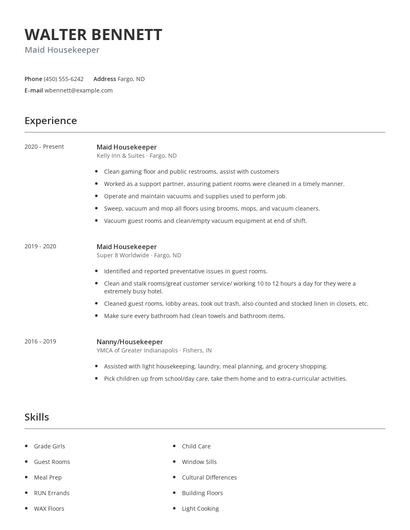 Maid Housekeeper Resume