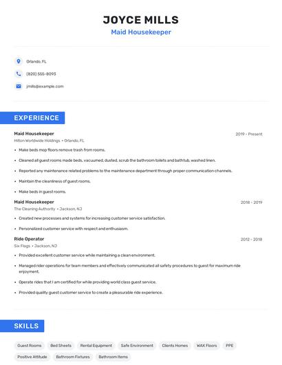 Maid Housekeeper Resume
