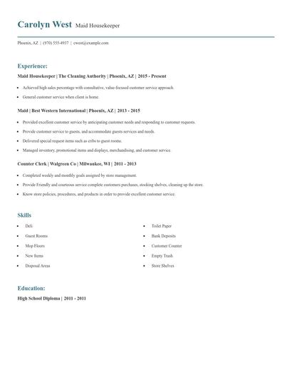 Maid Housekeeper Resume