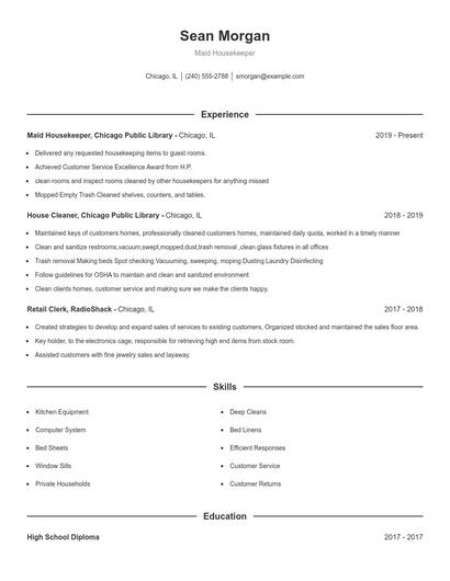 Maid Housekeeper Resume