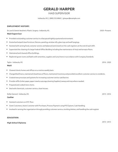 Maid Supervisor Resume