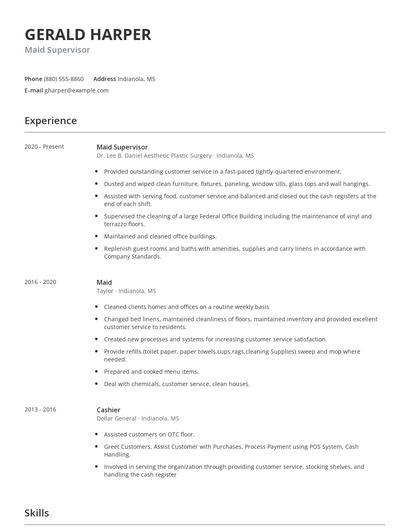 Maid Supervisor Resume