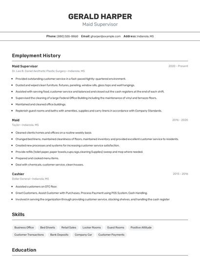 Maid Supervisor Resume