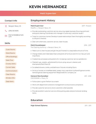 Maid Supervisor Resume