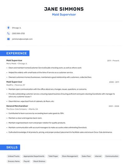 Maid Supervisor Resume