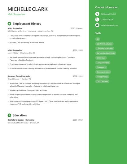 Maid Supervisor Resume