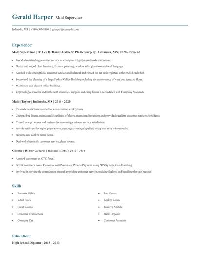 Maid Supervisor Resume