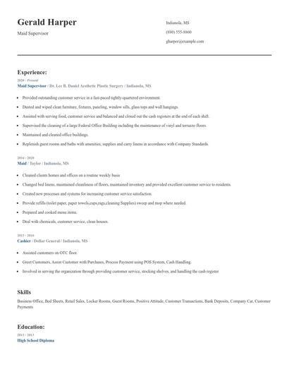 Maid Supervisor Resume