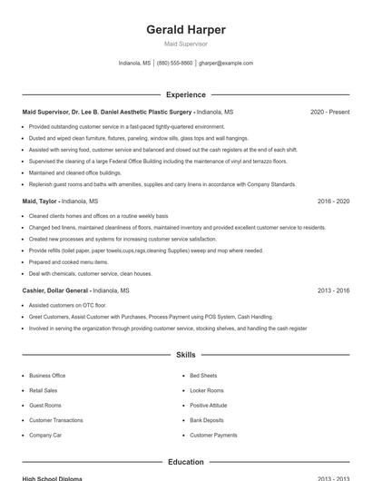 Maid Supervisor Resume