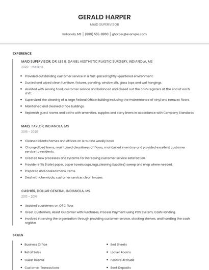 Maid Supervisor Resume