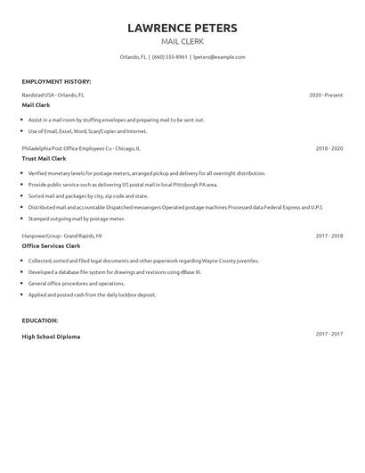 Mail Clerk Resume