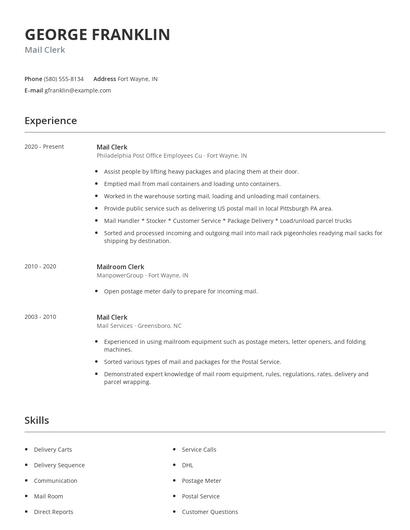 Mail Clerk Resume