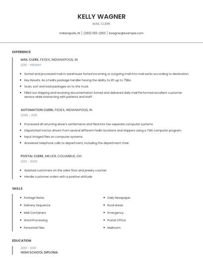 Mail Clerk Resume