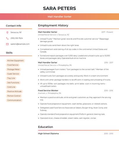 Mail Handler Sorter Resume