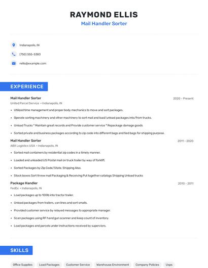 Mail Handler Sorter Resume