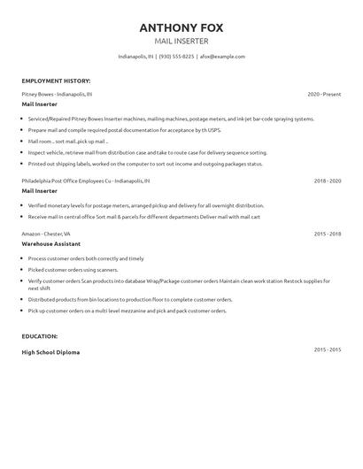 Mail Inserter Resume