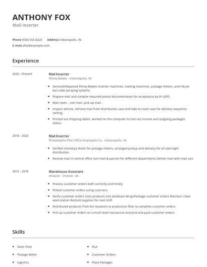 Mail Inserter Resume