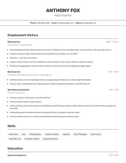 Mail Inserter Resume