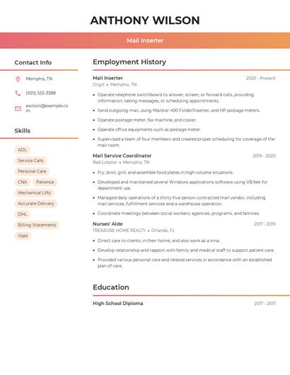 Mail Inserter Resume