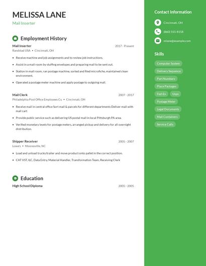 Mail Inserter Resume