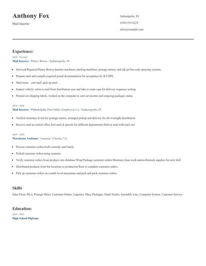 Mail Inserter Resume