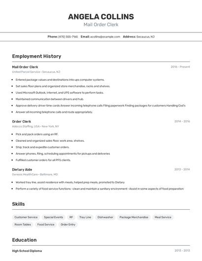 Mail Order Clerk Resume