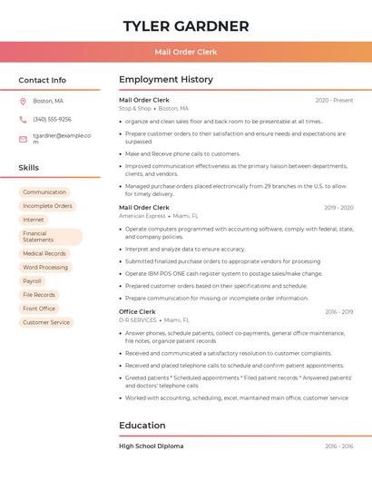 Mail Order Clerk Resume