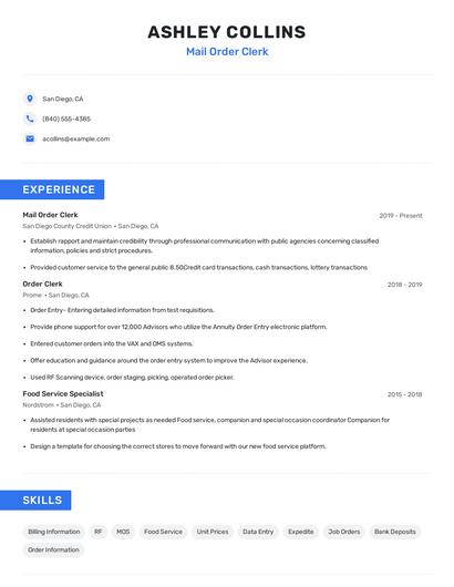 Mail Order Clerk Resume