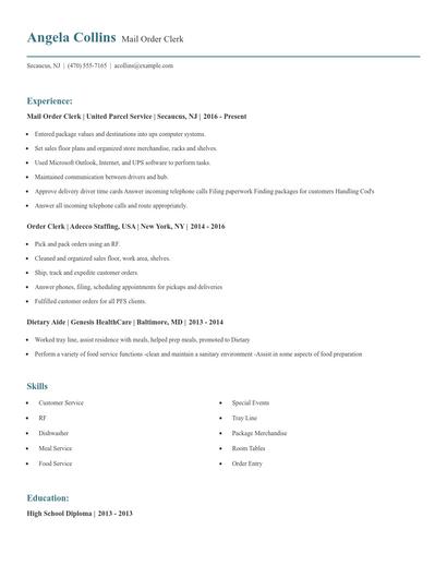 Mail Order Clerk Resume