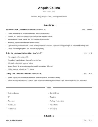 Mail Order Clerk Resume