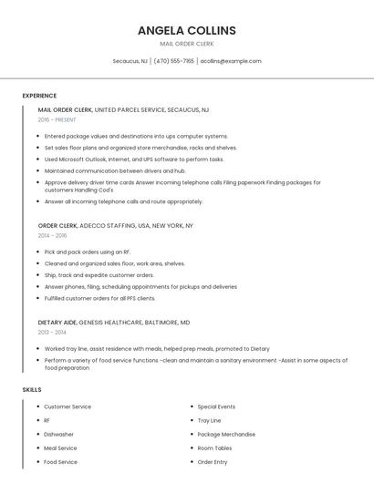 Mail Order Clerk Resume