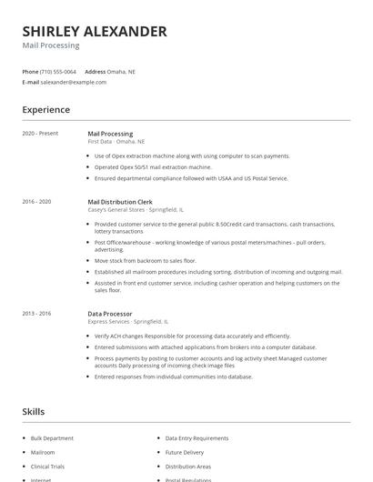 Mail Processing Resume