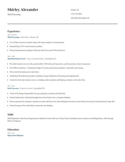 Mail Processing Resume