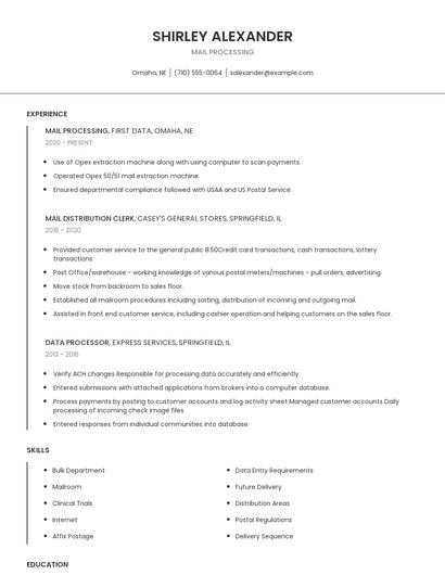 Mail Processing Resume