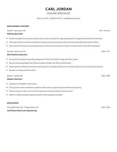 Mailing Specialist Resume