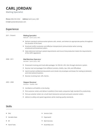Mailing Specialist Resume