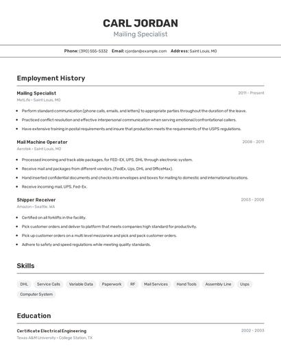 Mailing Specialist Resume