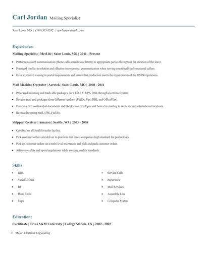 Mailing Specialist Resume