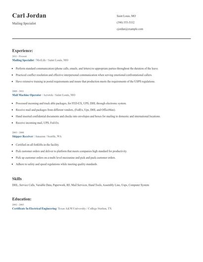 Mailing Specialist Resume