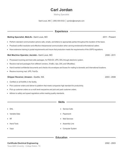 Mailing Specialist Resume