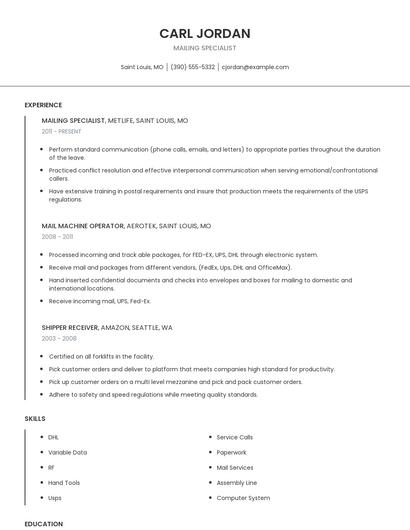 Mailing Specialist Resume