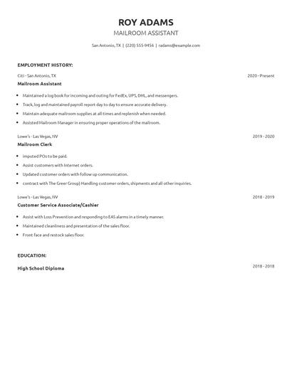 Mailroom Assistant Resume