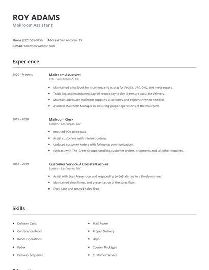 Mailroom Assistant Resume