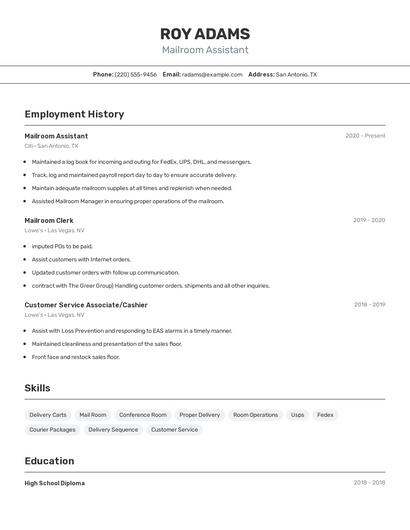 Mailroom Assistant Resume