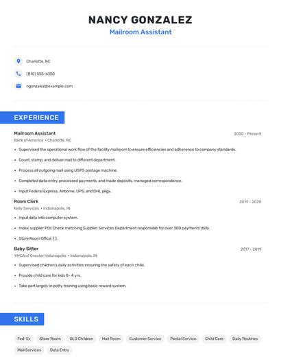 Mailroom Assistant Resume