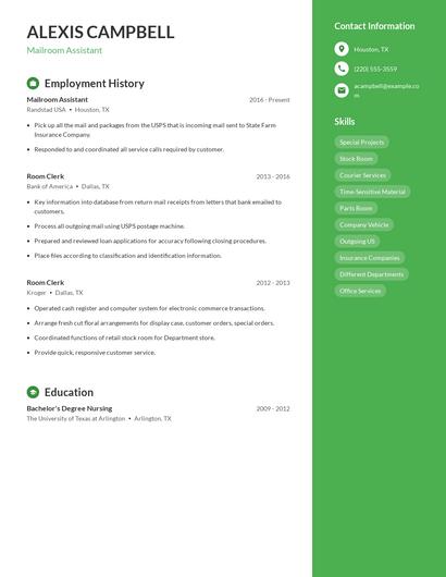 Mailroom Assistant Resume