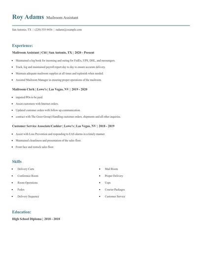Mailroom Assistant Resume