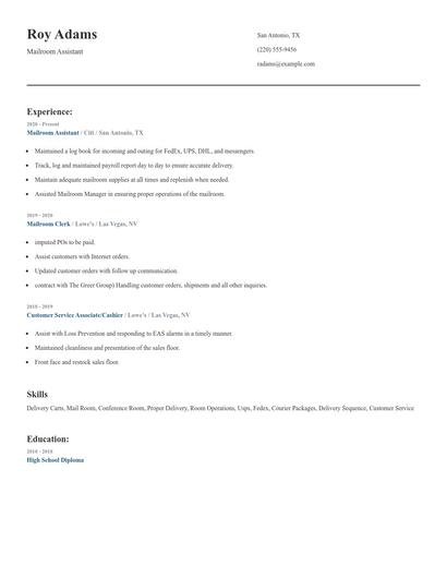 Mailroom Assistant Resume