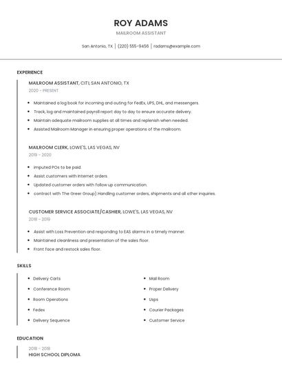 Mailroom Assistant Resume